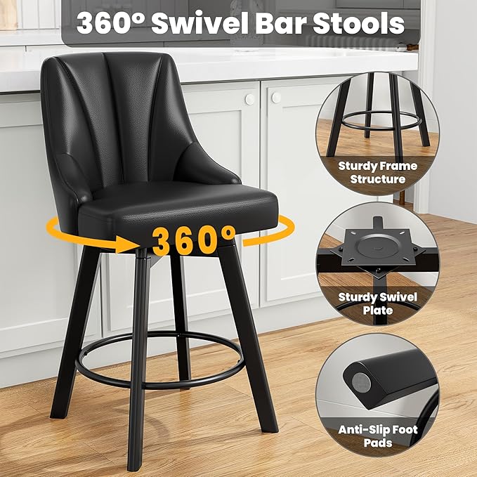 Bar Stools with Backs, PU Leather Upholstered Counter Barstools with Solid Wood Legs for Kitchen Island, Home Bar(3PCS Black)