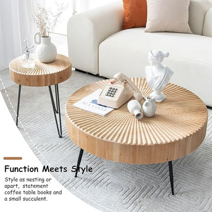 2-Piece Round Nesting Coffee Table Set, Natural Wood Top with Black Metal Legs, Radial Pattern – Rustic Farmhouse Accent for Living Room or Bedroom – Space-Saving Modern Furniture
