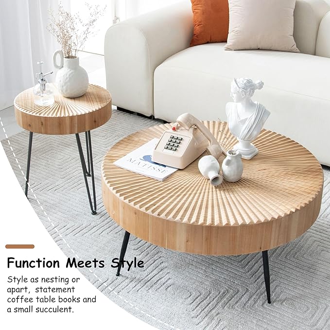 2-Piece Round Nesting Coffee Table Set, Natural Wood Top with Black Metal Legs, Radial Pattern – Rustic Farmhouse Accent for Living Room or Bedroom – Space-Saving Modern Furniture