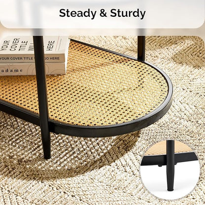 VINGLI 38" Oval Coffee Table with Rattan Shelf, Glass Metal Coffe Table, Skinny Coffee Tables with 2-Tier Storage, Modern Center Table for Living Room, Office, Small Space, Black