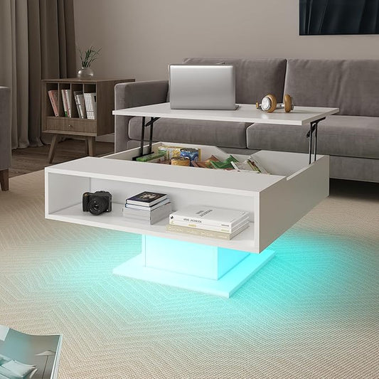 White 30.7" Lift Top Coffee Table with Storage, Square Led Coffee Table with Large Hidden Storage, Wood Living Room Table Led Center Table for Dining Reception Room