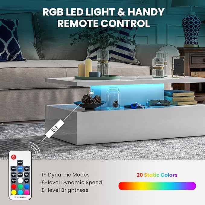 Tangkula LED Coffee Table, Modern High Gloss Coffee Table w/ 20-Color LED Lights, Adjustable Speed & Brightness, Remote Control, Open Shelf, 2-Tier Rectangle Living Room Center Table (White)
