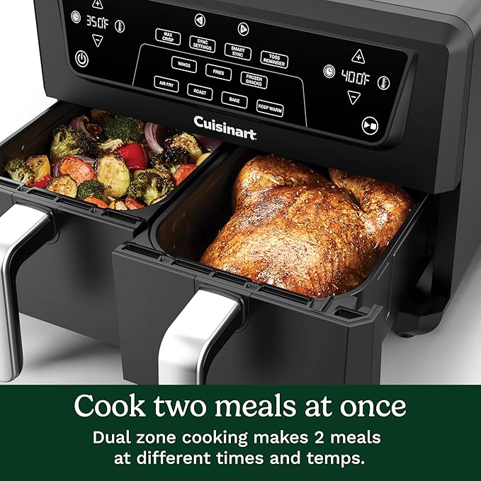 Cuisinart Dual Basket Air Fryer, Two Baskets Totals 11 QT, 4 Function Air Fryer to Air Fry, Roast, Bake & Keep Warm, Features Sync Finish & Settings, Toss Reminder, Automatic Warm Mode & Auto-Pause