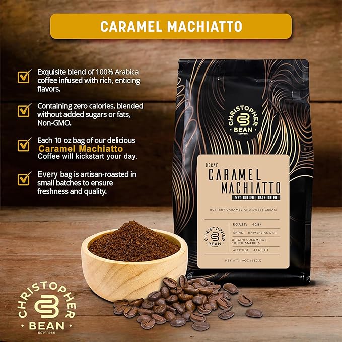 Christopher Bean Coffee - Certified Kosher - Decaf Ground Universal Drip Caramel Macchiato Flavored Coffee | Coffee Beans with Medium Roast 100% Arabica, No Sugar, No Fats, Non-GMO | 10 - Ounce Bag