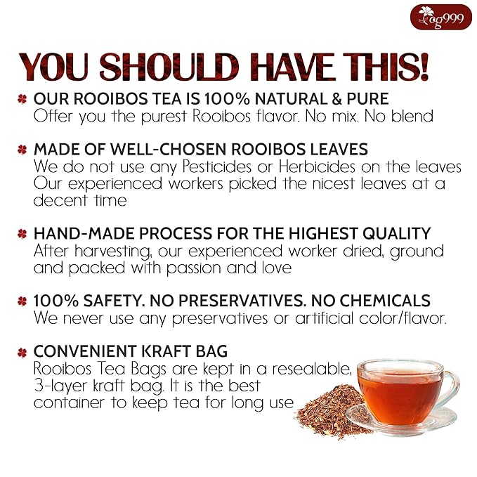 TOG999, Premium 60 Red Rooibos Tea Bags, 100% Natural & Pure from Rooibos Tea Leaves. Loose Leaf Rooibos Herbal Tea. Made with Natural Material Tea Bags. No Sugar, No Caffeine, No Gluten, Vegan.