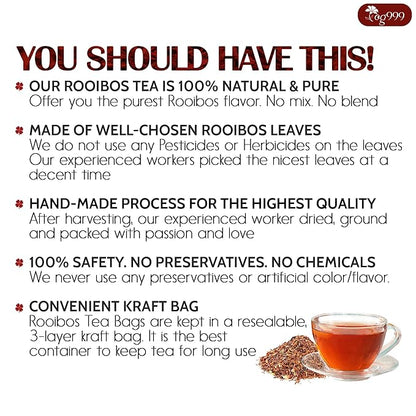 TOG999, 135 Premium Red Rooibos Tea Bags, 100% Natural & Pure from Rooibos Tea Leaves. Loose Leaf Rooibos Herbal Tea. Made with Natural Material Tea Bags. No Sugar, No Caffeine, No Gluten, Vegan.