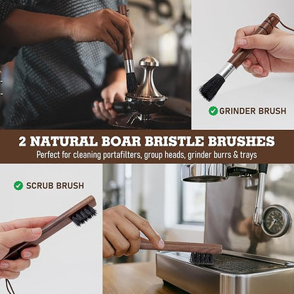 Takavu Coffee Grinder Cleaning Kit – 5pcs Boar Bristle Grinder Brush, Detail Scrub Brush, Steam Wand Brushes & Microfiber Towel for Espresso Machine Coffee Maker Pour Over