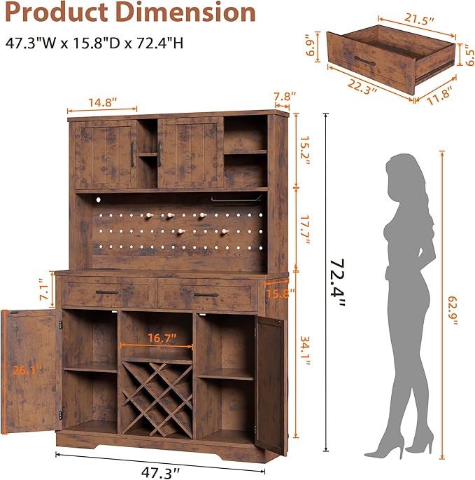 72" Coffee Bar Cabinet with Power Outlet & LED Light, Farmhouse Large Kitchen Hutch with Sliding Barn Door, Tall Bar Cabinets with Storage Drawers & Wine Glass Rack,Pantry China Cabinet,Vintage Brown