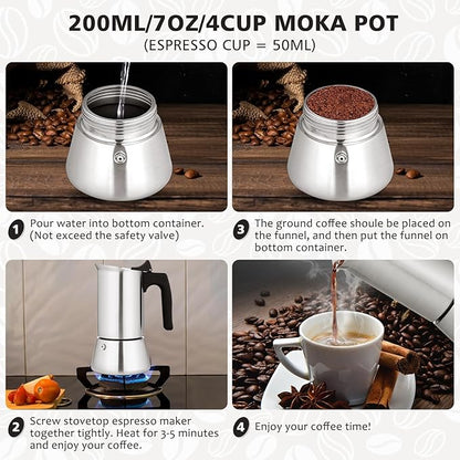 Stovetop Espresso Maker Stainless Steel Moka Pot, 4 cup Espresso Coffee Pots 200ml/7oz(Espresso Cup=50ml/1.7oz), Italian Coffee Maker for Induction Cookers Hobs, Cafe Maker for Camping Home