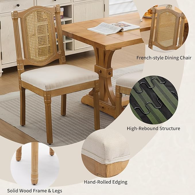 Vintage French Country Dining Room Chairs Set of 8, Rattan Dining Chairs with a Designer Backrest, Upholstered Dining Chair, Sillas para Comedor, Kitchen & Dining Room Chair (Beige, Rattan, 8Pcs)