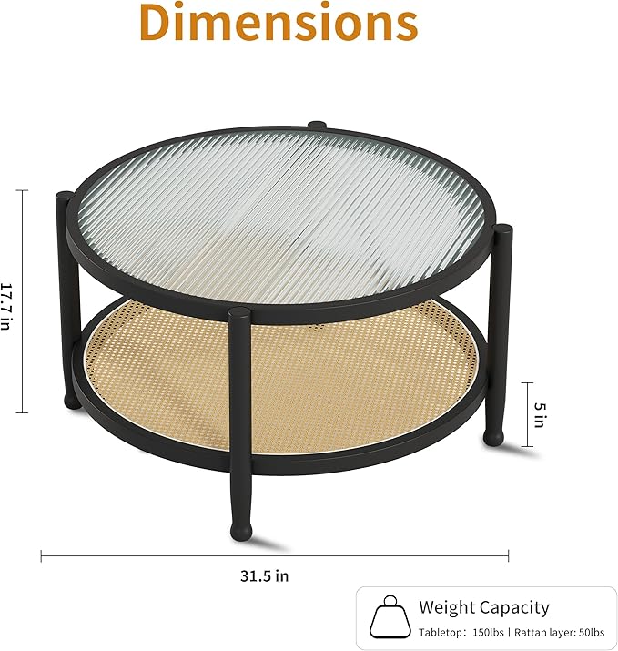 Rattan Round Coffee Table for Living Room, 32" Boho Circle Table with Tempered Glass Desktop Rustic Solid Wood Farmhouse Accent Center Storage Table (Black, 31.5" D x 31.5" W x 17" H)