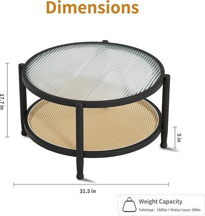 Rattan Round Coffee Table for Living Room, 32" Boho Circle Table with Tempered Glass Desktop Rustic Solid Wood Farmhouse Accent Center Storage Table (Black, 31.5" D x 31.5" W x 17" H)