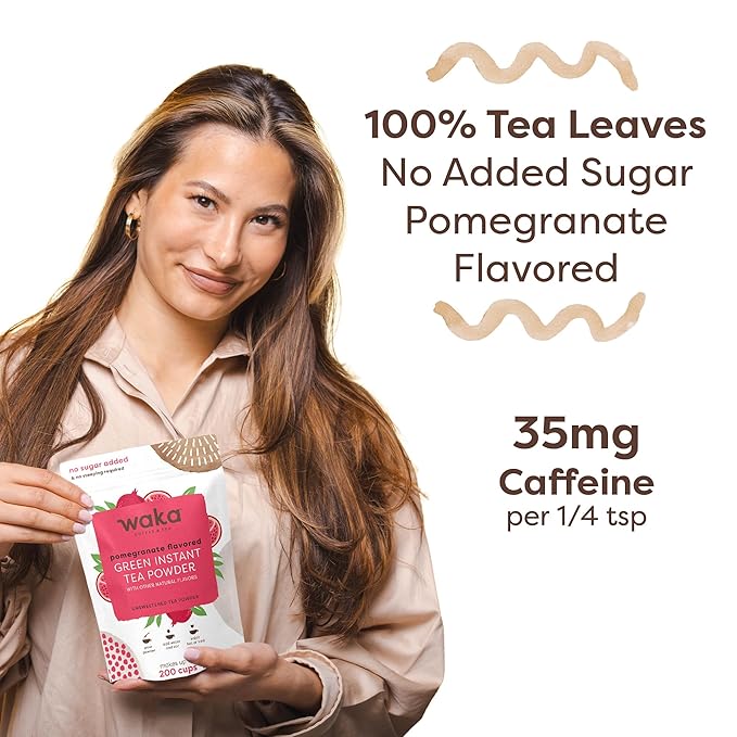Waka Instant Green Tea Mix, Pomegranate Flavored - 100% Tea Leaves, No Additives, Unsweetened Tea Powder in Bulk Pouch – Easy Quick Hot and Iced Teas, Up to 200 Cups (4.5oz)