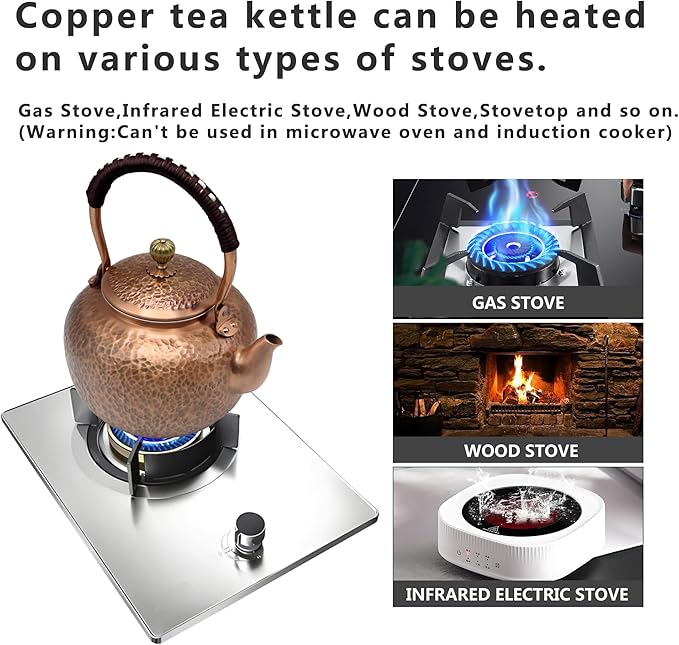 50.7oz Elegant Chinese Style Copper Tea Kettle For Stovetop, Non-Coating Pure Copper Teapot with Stainless Steel Infuser For Loose Tea, Large and Solid Tea Pot(1500ml)