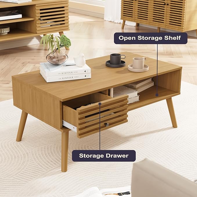 Coffee Table, Mid Century Modern Table with Storage, Living Room Center Table with Slatted Panel Drawer, Fluted Wood Coffee Table with Open Shelf for Living Room, Oak