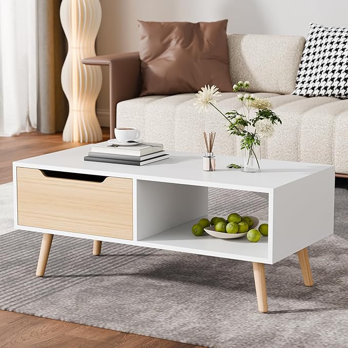 Cozy Castle Modern Coffee Table, Wooden Cocktail Table with Storage, Minimalist Hallway Table, Mid Century Modern Coffee Table for Living Room Apartment Reception, White