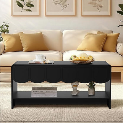 Lift Top Coffee Table with Hidden Compartment, 2 Tier Wooden Center Table with Wave Panel, Modern Lift Tabletop for Home Living Room Office, Black