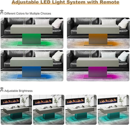 Led Coffee Table for Living Room, Living Room Table Rectangular Center Table, Modern High Glossy Wooden Coffee Tables with 16 Colors LED Lights for Dining Reception Room, Grey