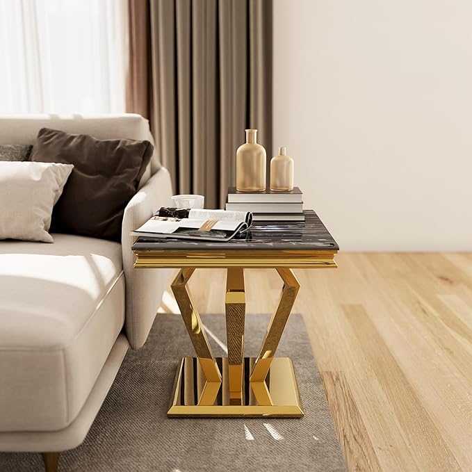 2 Piece Coffee Table Set, Black and Gold Living Room Table Set with 48 inch Coffee Table and 1 Square End Table, Luxury Living Room Coffee Table Set for Home Apartment Office