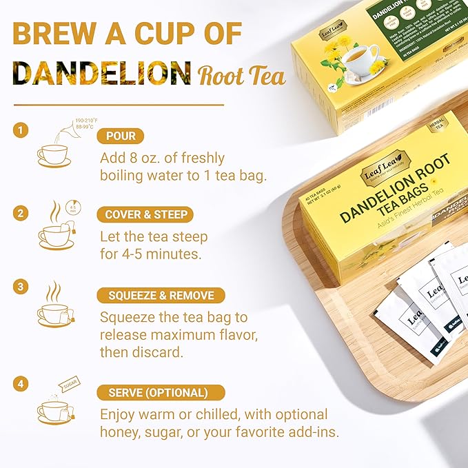 LeafLea 40 Dandelion Root Tea Bags, Dandelion Tea Supports Wellness and a Balanced Lifestyle, 100% Natural & Pure Dandelion Root, Vegan, No Sugar, Caffeine-Free