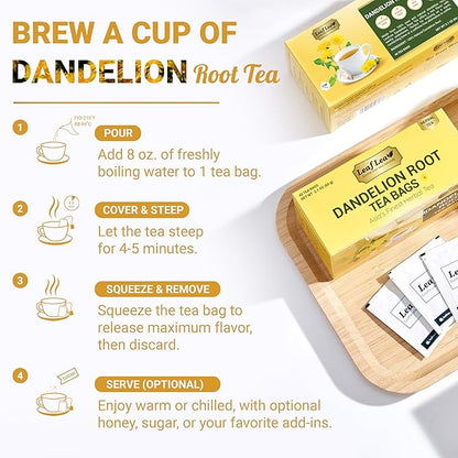 LeafLea 120 Dandelion Root Tea Bags, Dandelion Tea Promotes Healthy Digestion & Immune Function, 100% Natural and Pure from Dandelion Root Herbal Tea, Caffeine-Free, Sugar-Free, Vegan, Pack of 3