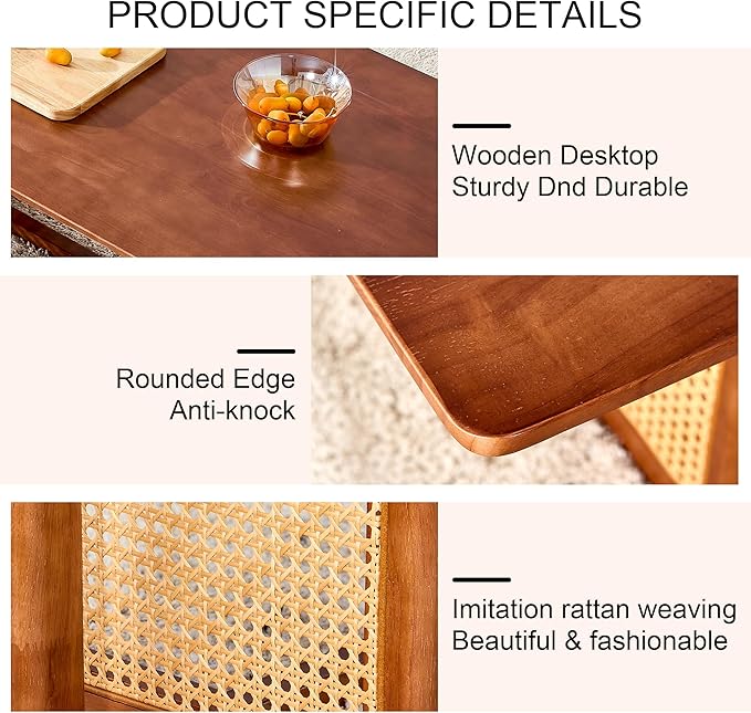 Mid Century Modern Wood Coffee Table with PE Rattan Stand, 47 Inch Rectangular Solid Wood Boho Coffe Table, Unique Center Cocktail Table for Livinig Room Apartment Office