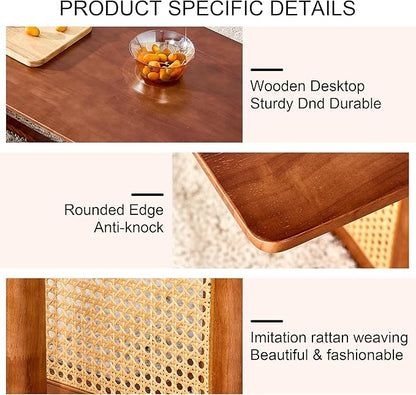 Mid Century Modern Wood Coffee Table with PE Rattan Stand, 47 Inch Rectangular Solid Wood Boho Coffe Table, Unique Center Cocktail Table for Livinig Room Apartment Office