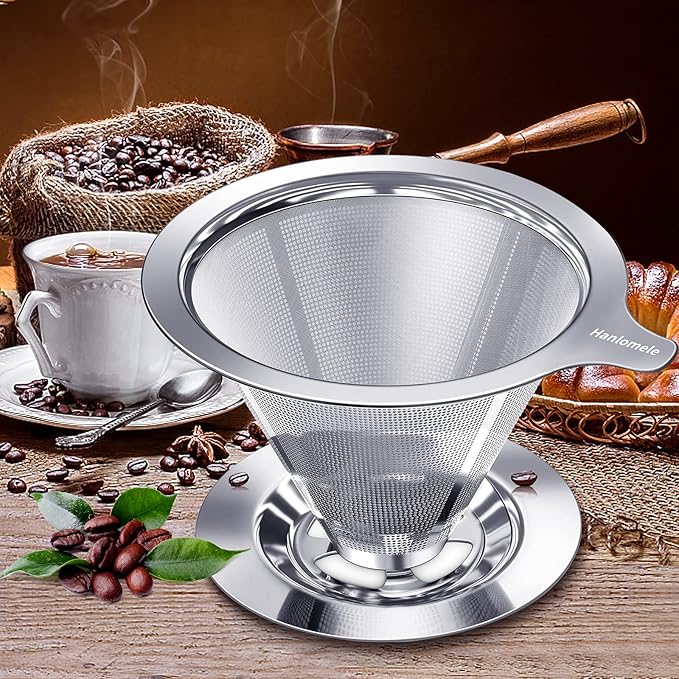 Pour Over Coffee Dripper, Paperless Reusable Coffee Filter, Pour Over Coffee Maker for Single Cup Brew, Double Mesh Design of Stainless Steel Cone Filter for Perfect Extraction (1-2 Cup)