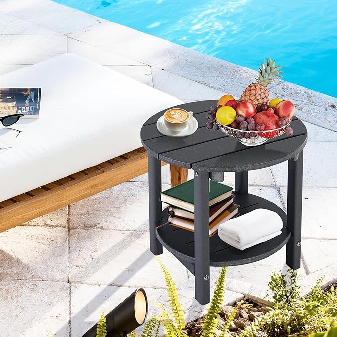 LZRS Round Adirondack Side Table Double End Table, Outdoor Side Tables for Patio, Backyard,Pool, Indoor Companion, Easy Maintenance & Weather Resistant(Grey)