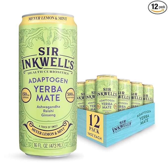 SIR INKWELL'S Adaptogen Yerba Mate Tea | Healthful Energy + Productivity 150 mg Organic Caffeine | 300mg Ashwagandha Reishi Ginseng | Non-GMO Certified | Meyer Lemon & Mint 16oz 12pk