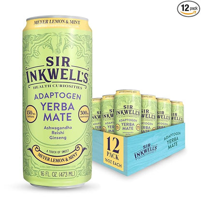 SIR INKWELL'S Adaptogen Yerba Mate Tea | Healthful Energy + Productivity 150 mg Organic Caffeine | 300mg Ashwagandha Reishi Ginseng | Non-GMO Certified | Meyer Lemon & Mint 16oz 12pk