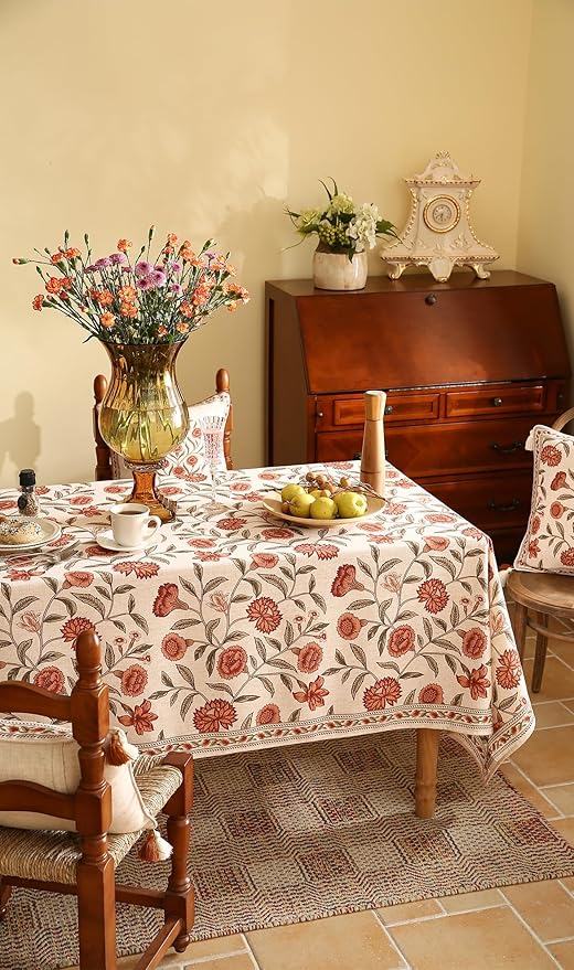 Designer French Extra Long Rectangular Tablecloth,Linen Orange Floral Pattern Indoor Table Cloth,Wrinkle Resistant Decor Table Cloth for Dining Thanksgiving Kitchen,67"*118"-Alvarado D