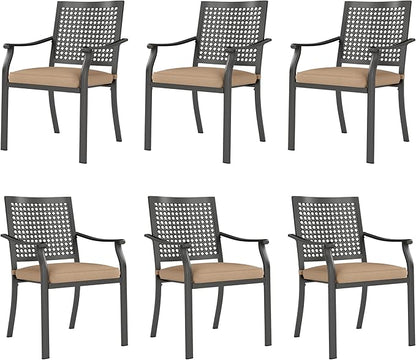 PHI VILLA Outdoor Wrought Iron Chairs Set of 6， Black Dining Bistro Metal Steel Stackable Chairs with Cushions, Support 300 LBS for Patio, Deck, Yard, Porch