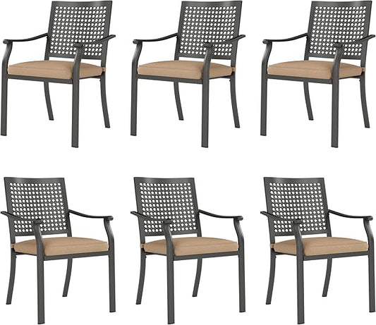 PHI VILLA Outdoor Wrought Iron Chairs Set of 6， Black Dining Bistro Metal Steel Stackable Chairs with Cushions, Support 300 LBS for Patio, Deck, Yard, Porch