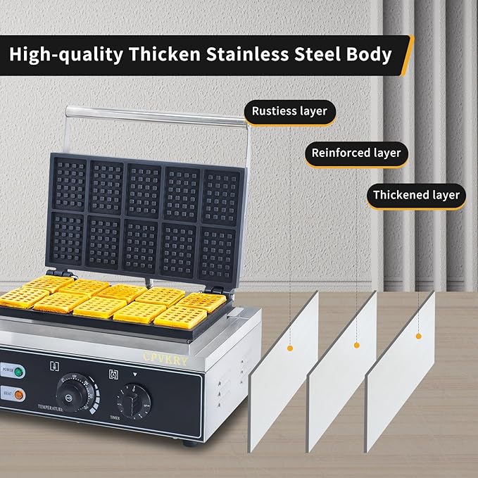 Commercial Rectangle Waffle Maker, 10pcs Waffle Iron, Non-Stick Industrial Belgian Waffle Maker Stainless Steel 110V Temp and Time Control, Suitable for Restaurant Bakeries Snack Bar Family