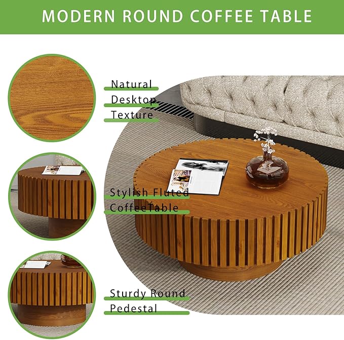Handmade Round Grooved Drum-Shaped Coffee Table、Rustic Modern Circular Centerpiece for Living Room & Farmhouse Decor、Easy to Clean (D Wood 31in)