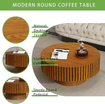 Handmade Round Grooved Drum-Shaped Coffee Table、Rustic Modern Circular Centerpiece for Living Room & Farmhouse Decor、Easy to Clean (D Wood 31in)