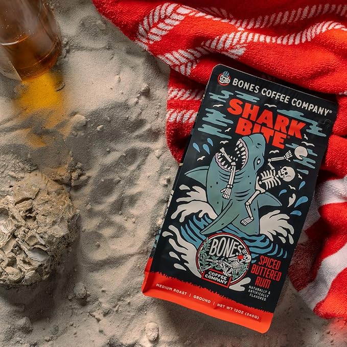 Bones Coffee Company Shark Bite, Buttered Rum Flavored Coffee, Medium Roast Low Acid Arabica Beans Compatible with Auto drip and French Press Coffee Maker, 12 Oz Whole Bean