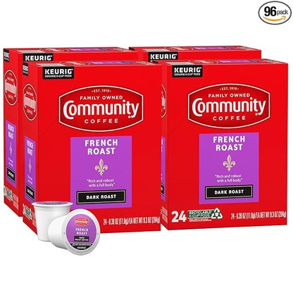 Community Coffee French Roast 96 Count Coffee Pods, Extra Dark Roast, Compatible with Keurig 2.0 K-Cup Brewers, 24 Count (Pack of 4)