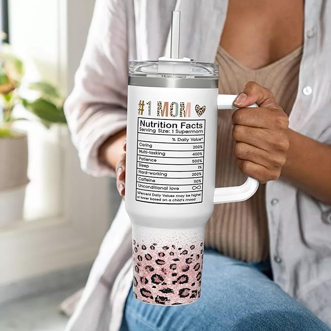 Mom Gifts for Women Mom Nutrition Facts Tumbler Stainless Steel 40oz with Handle Insulated Travel Cup Best Mom Ever Coffee Cup, Mother's Day Christmas Birthday Gifts from Son Daughter