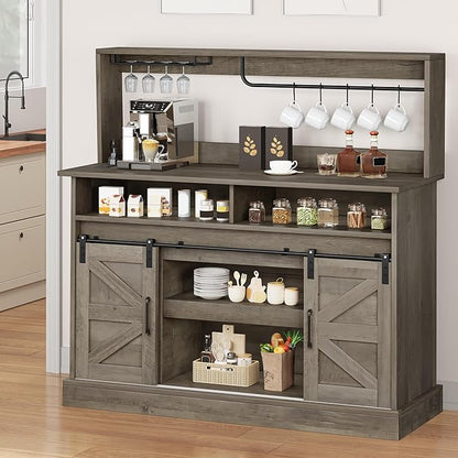 YITAHOME 52" Farmhouse Coffee Bar, Buffet Cabinet with Storage, Sliding Barn Door, Sideboard Cabinet with Goblet Holder, 5 Hooks and Power Outlets for Kitchen, Living Room (Rustic Grey Oak)