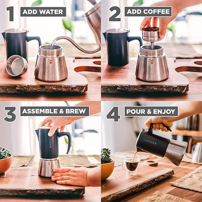 GROSCHE Milano Steel | 10 Espresso Cup | Stovetop Espresso Maker: Stainless Steel Moka Pot for Greca, Induction, Electric & Gas Stoves | Dishwasher Safe Stovetop Espresso Maker Moka Pot