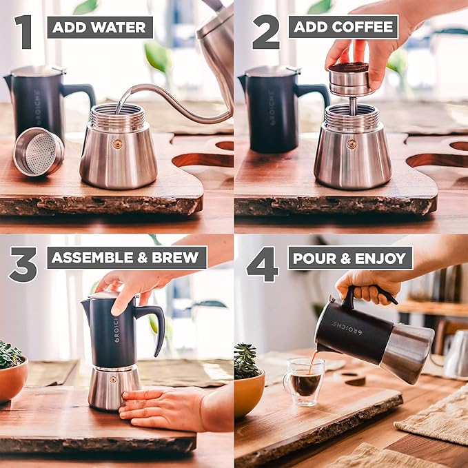 GROSCHE Milano Steel | 10 Espresso Cup | Stovetop Espresso Maker: Stainless Steel Moka Pot for Greca, Induction, Electric & Gas Stoves | Dishwasher Safe Stovetop Espresso Maker Moka Pot