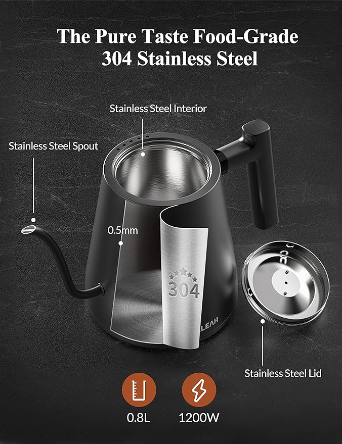 KLEAH Gooseneck Electric Kettle with Temperature Control - 0.8L Automatic Shut Off Tea & Coffee Kettle, Hot Water Boiler Pour Over Coffee Kettle, 1200W Quick Heating Keep Warm, Black