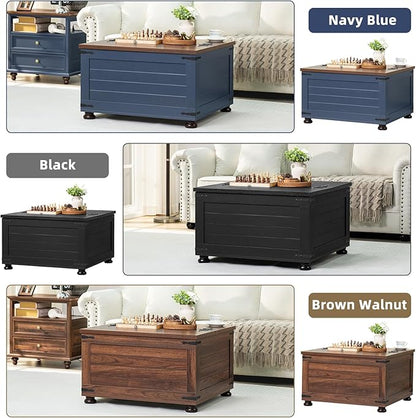 Farmhouse Coffee Table with Hidden Storage,Large Square Center Table for Living Room,Retro Cocktail Tables with Flip-Top Lids, Farm House Tables with Wooden Gourd Feet for Home,Brown Walnut
