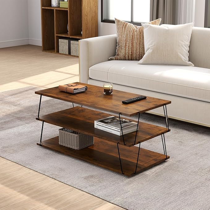 Coffee Table, 40" Center Table with Storage Shelf, Rectangle Coffee Table, for Living Room, Toolless, Easy Assembly, Simple Style, Rustic Brown (Classic)