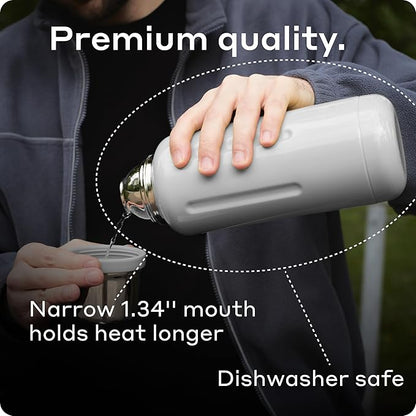 BOBBER 34 oz Stainless Steel Travel Thermos for Hot and Cold Drinks – Dishwasher Safe Metal Water Bottle with Cup Lid – Keeps Hot for 48 Hours – BPA-Free, Vacuum Insulated (Sand Grey)