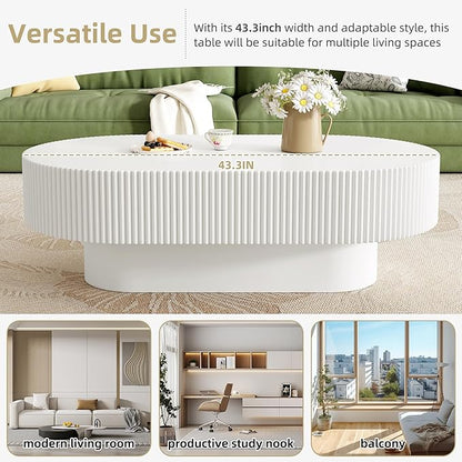 43.3 Inch Oval Drum Coffee Table, Modern Handcraft Fluted Drum Coffee Table, Wooden Oval Center Table Cocktail Table with Stable Pedestal for Living Room Apartment (White)
