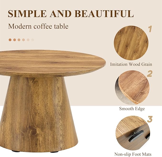 25.6" Small Round Coffee Table, Wood Mid Century Modern Coffee Tables with Pedestal Base, Space Saving Circle Center Table for Living Room, Small Space, Apartment (Wood)
