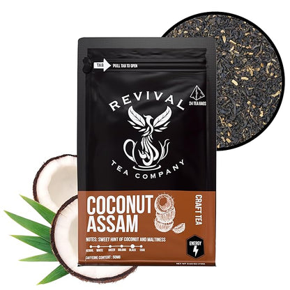 Revival Tea Company Coconut Assam Tea - Black Tea Blend with Coconut - 24 Tea Bags